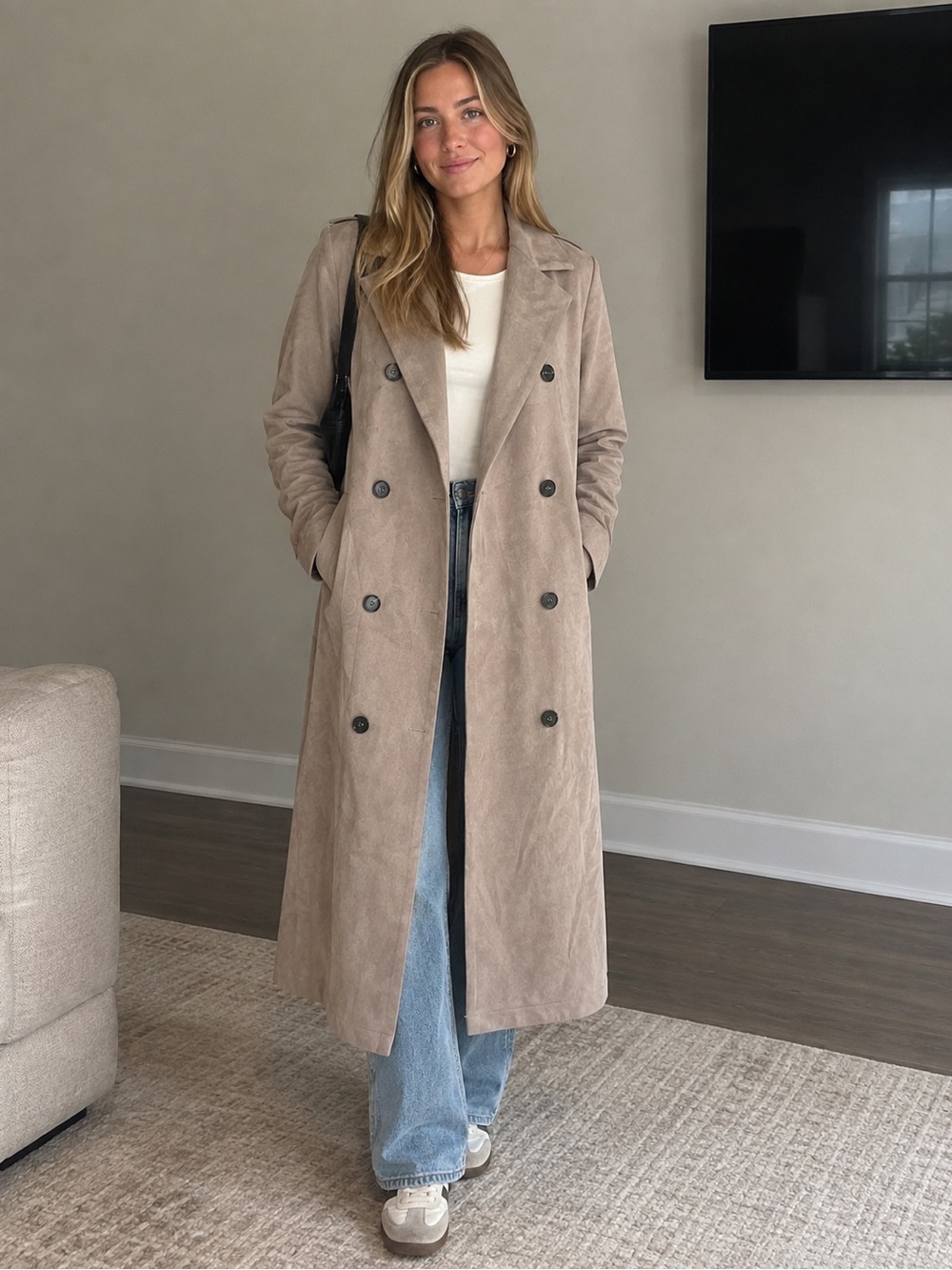 Tahari Elie Long Double-Breasted Trench Coat